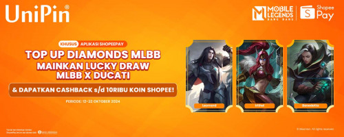 Oktober – Top up Diamonds MLBB di UniPin Cashback 10.000 Koin Shopee & Mainkan Lucky Draw – MLBB x Ducati!